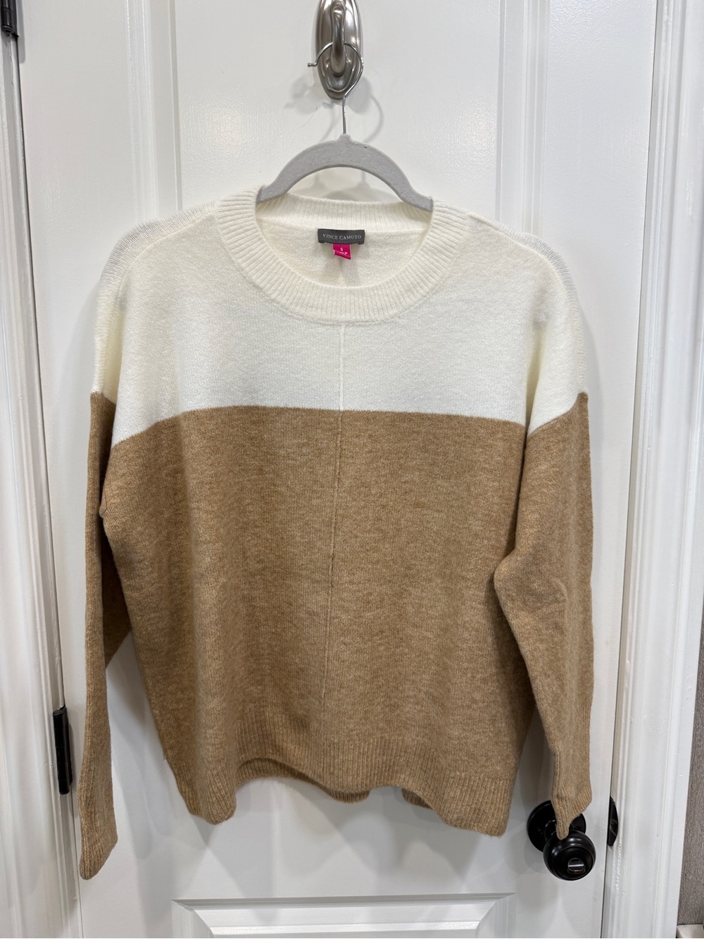 Vince Camuto Cream and Brown Colorblock Crewneck Sweater